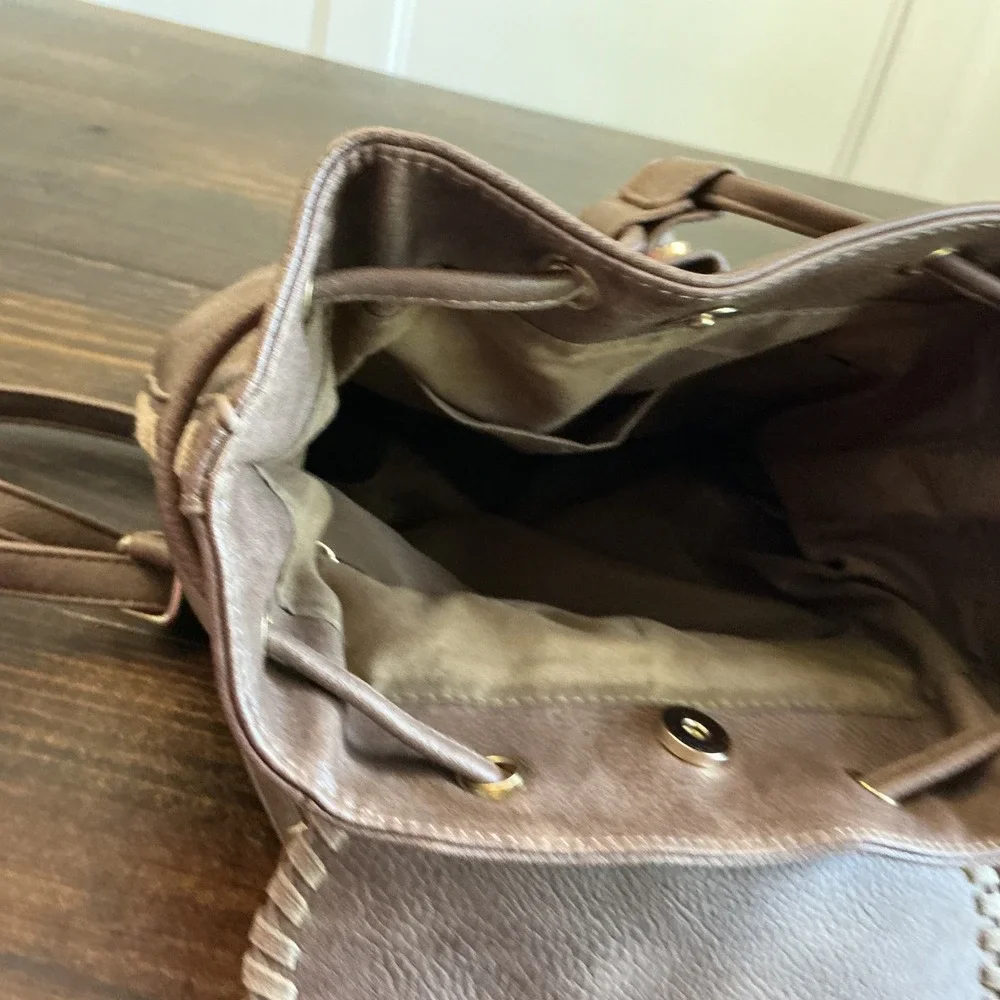 Brown Faux Leather Mini Backpack Tassel Whipstitch Boho Drawstring Bag